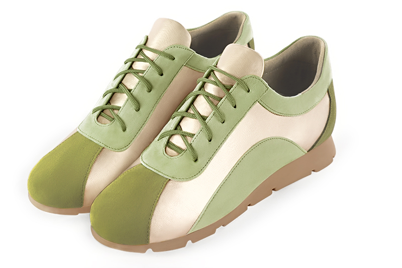 Pistachio green and gold women's three-tone elegant sneakers. Round toe. Flat rubber soles. Front view - Florence KOOIJMAN